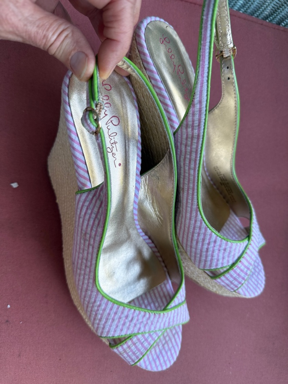Lilly Pulitzer Pink Striped Espadrille Wedges with Lime Trim - Picture 2 of 5